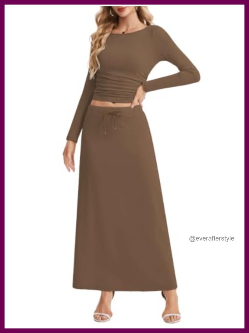 2 Piece Skirt Set Long Sleeve Ruched Top Maxi Drawstring Skirt Womens